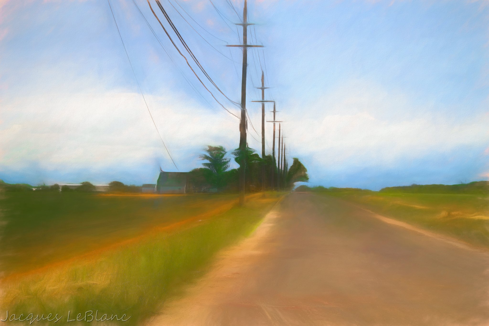 A dreamlike view of a country road in Southold, NY. Telephone poles create a visual one-point perspective and become the subject of this image. 
